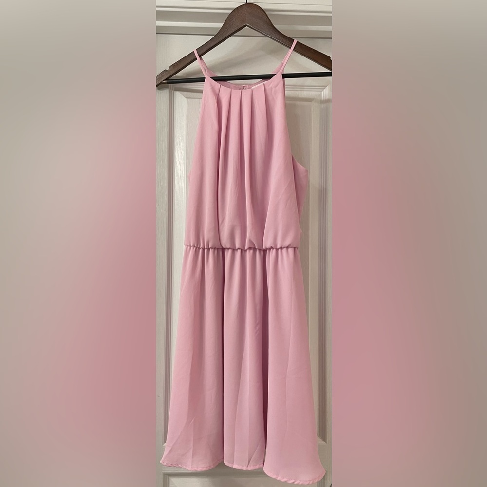 LUSH Nordstrom Soft Pink Lined Midi Dress, Flowy Sleeveless Halter Size Large